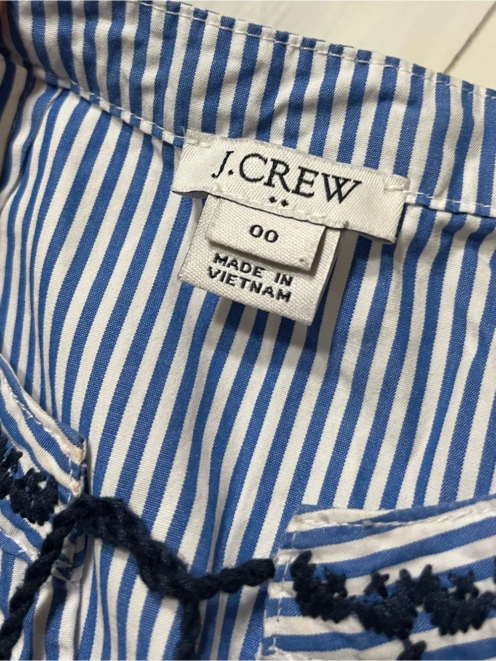 J. Crew Blue Stripe Geometric Embroidered Tassel Sleeveless Cotton Top Sz 00 - Picture 3 of 6